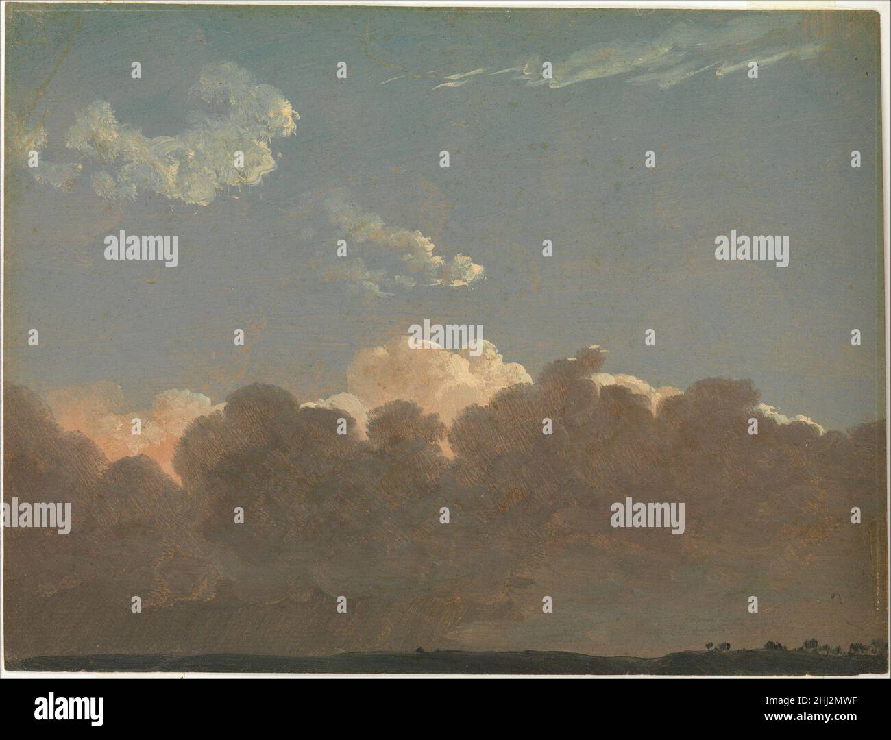 Étude sur le Cloud (tempête à distance) env.1786–1806 Simon Denis Flamand cette étude montre une gamme de conditions climatiques empilées l'une au-dessus de l'autre.Il s'éclaircit progressivement sur un espace qui s'étend sur des milliers de pieds, de la pluie en bas à gauche au ciel clair en haut.Les croquis plein air de Denis illustrent parfaitement l’adhésion des Lumières à la recherche empirique dans la recherche du savoir.L'artiste a employé l'effet particulier vu ici dans les peintures finies de?le 1790s, et peut-être plus tôt.Étude sur le Cloud (tempête à distance).Simon Denis (flamand, Anvers 1755–1813 Naples). Env.1786–1806.Huile sur papier. Banque D'Images
