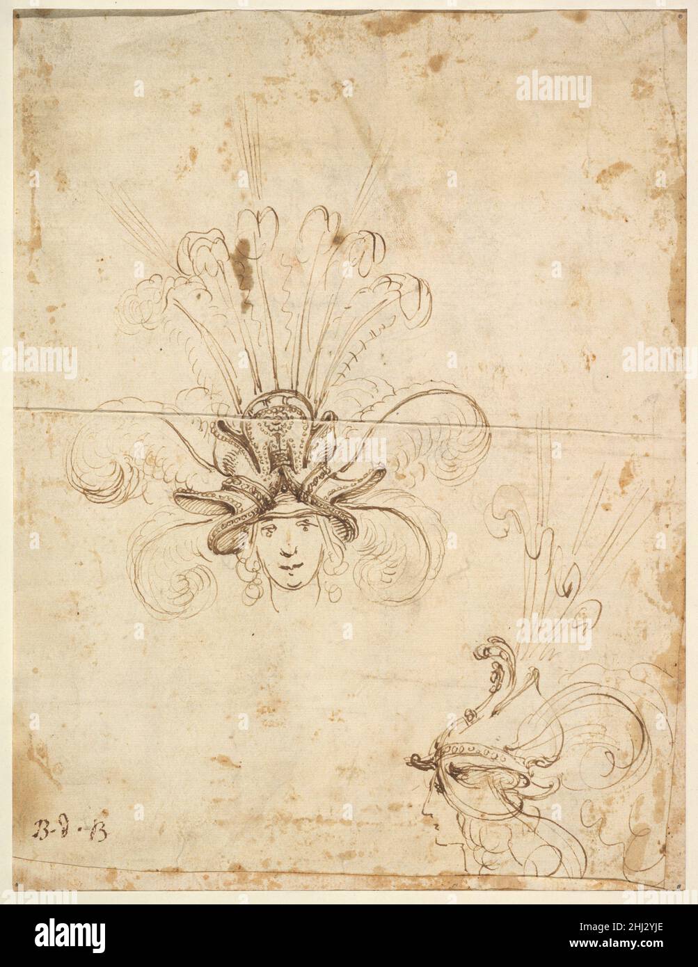 Conception pour une Headdress (vue avant et latérale) ca.1620–56 Baccio del Bianco feuille italienne avec un dessin pour une coiffure élaborée, en partie en forme de chapeau.Il y a une vue frontale montrant un éventail de plumes qui collent sur un bord travaillé et entrelacés.Dans le coin inférieur droit de la feuille, la vue latérale de la même conception est indiquée.Conception d'un Headdress (vue avant et latérale) 410281 Banque D'Images