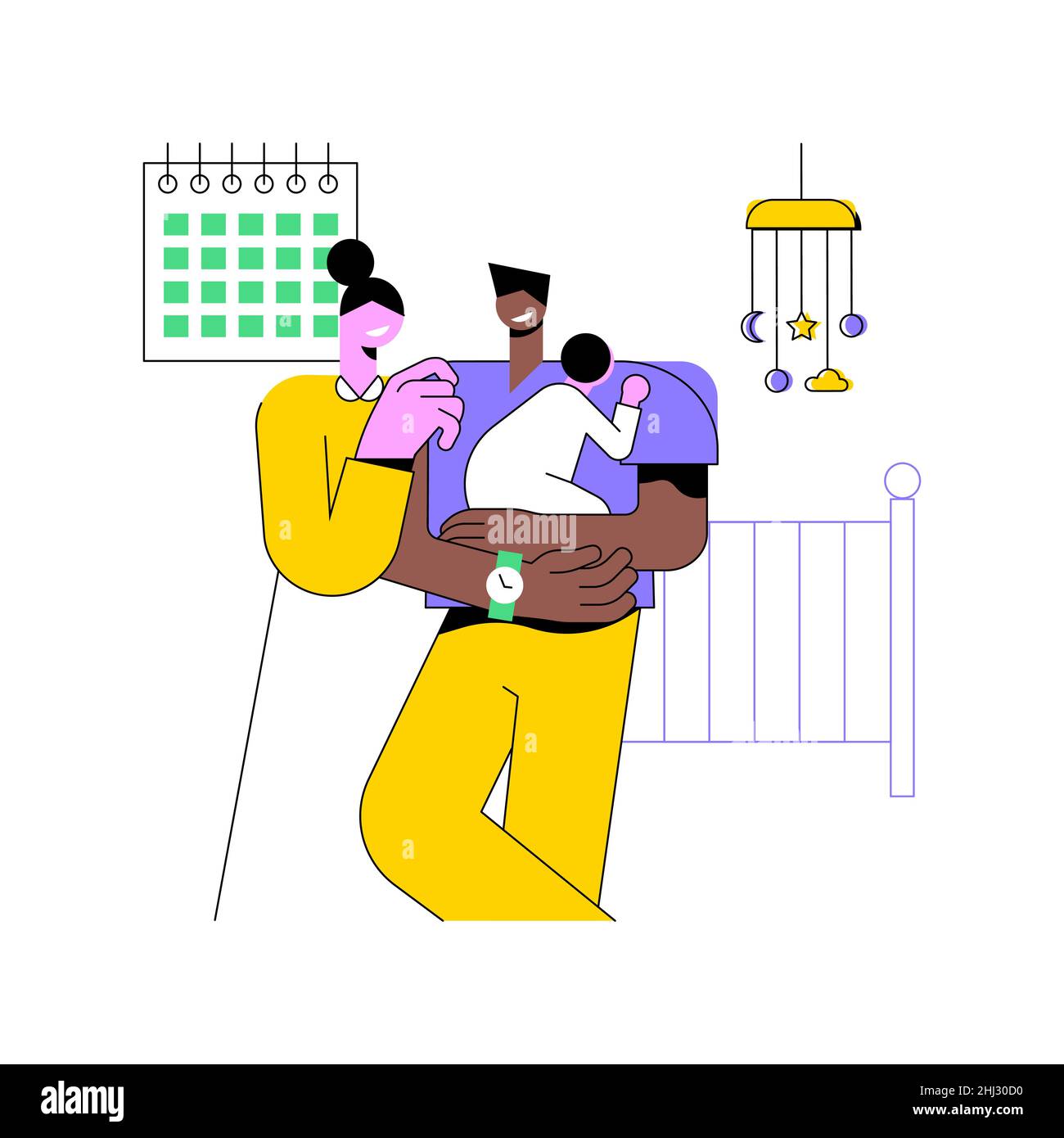 Illustration du vecteur de concept abstrait du congé parental.Congé de maternité familial, famille heureuse, prendre soin de bébé, mère et enfant nouveau-né, père marchant jouant avec son métaphore abstraite. Illustration de Vecteur