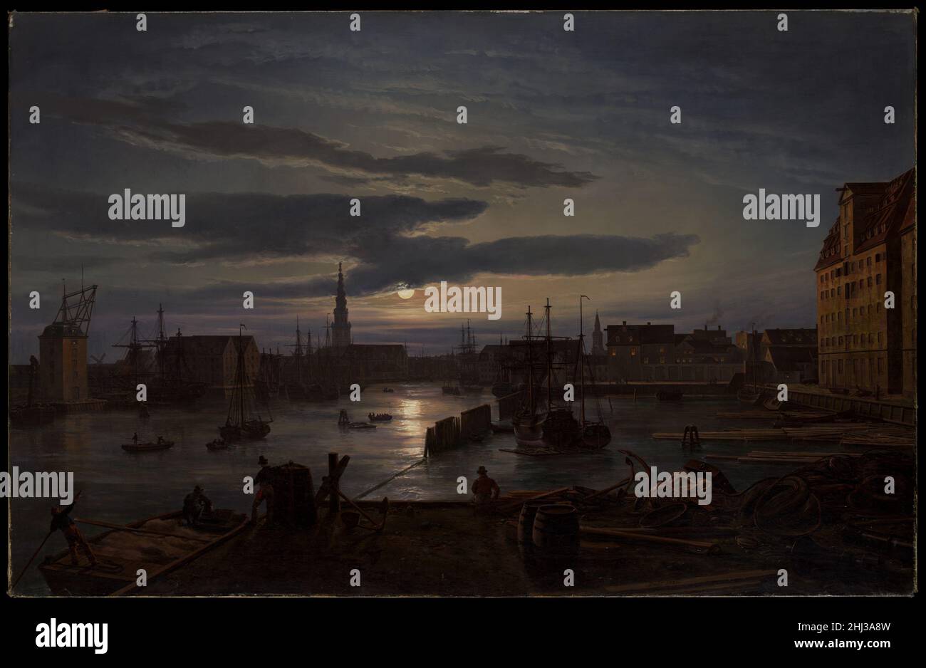 Port de Copenhague by Moonlight 1846 Johan Christian Dahl depuis le début du XIXe siècle, le navire et la cour de bois d’œuvre en bord de mer représentés dans ce point de vue sont connus sous le nom de Larsens Plads, ou la place de Larsen, après son fondateur, Lars Larsen.Dahl a peint cette perspective pour la première fois en 1816 (Kurpfälzisches Museum, Heidelberg), mais en la refaisant pour le travail actuel, il a doublé la taille de la toile, omettant les détails accessoires et augmentant son effet atmosphérique.Cette scène placide, conçue comme le pendentif à un bien plus sauvage, naturel, paysage tyrolien avec une chute d'eau (1823; collection privée), remai Banque D'Images