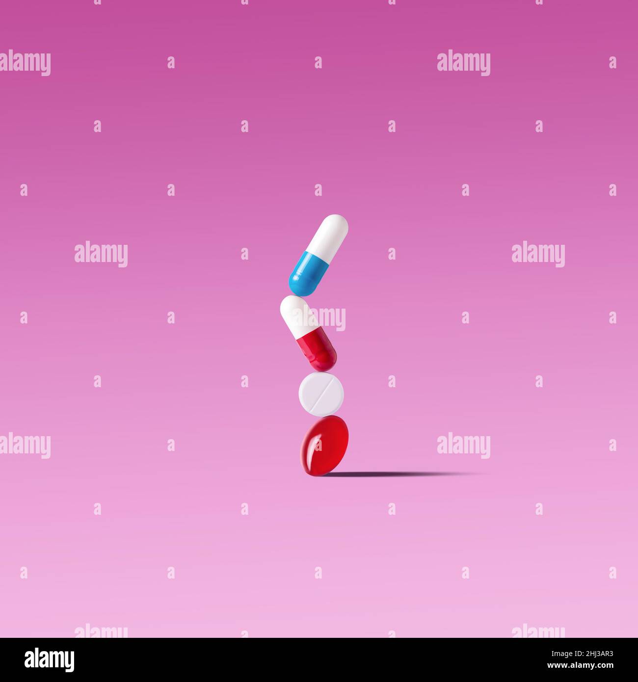 Concept créatif avec différentes pilules sur fond clair.Concept minimal de pharmacie. Banque D'Images