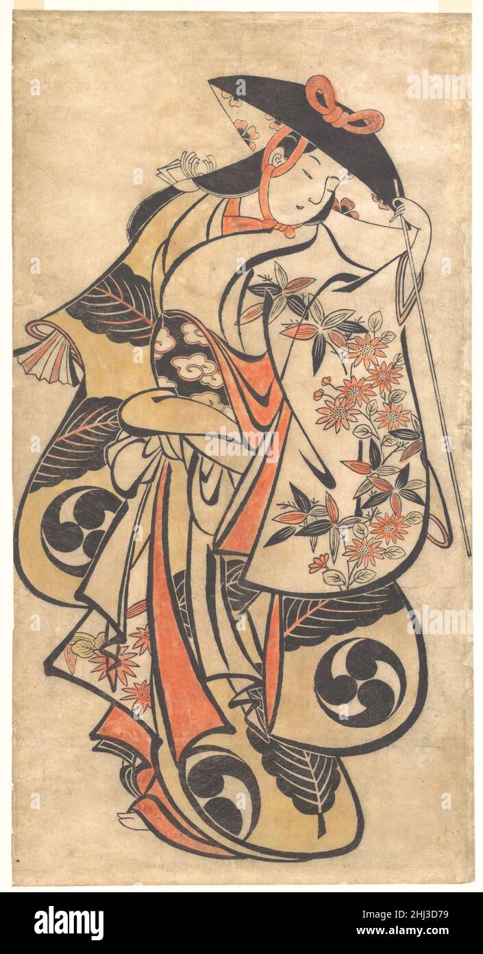 Kabuki acteur ca.1708 attribué à Torii Kiyonobu i Kiyonobu japonais, fondateur de la gamme d'artistes Torii, spécialisé dans la peinture d'affiches et de panneaux pour le populaire théâtre Kabuki.Comme l'exige le format de l'affiche, les lignes fluides en gras, les formes pleines, arrondies,et les répétitions aplaties devaient être lues à distance.Kiyonobu a entrepris ses premières expérimentations avec la coloration à la main pour animer les dessins noirs et blancs et pour renforcer l'attrait décoratif de l'imprimé.la représentation magistrale d'un danseur rappelle la représentation expressive des amoureux de Moronobu dans cette exposition. Banque D'Images