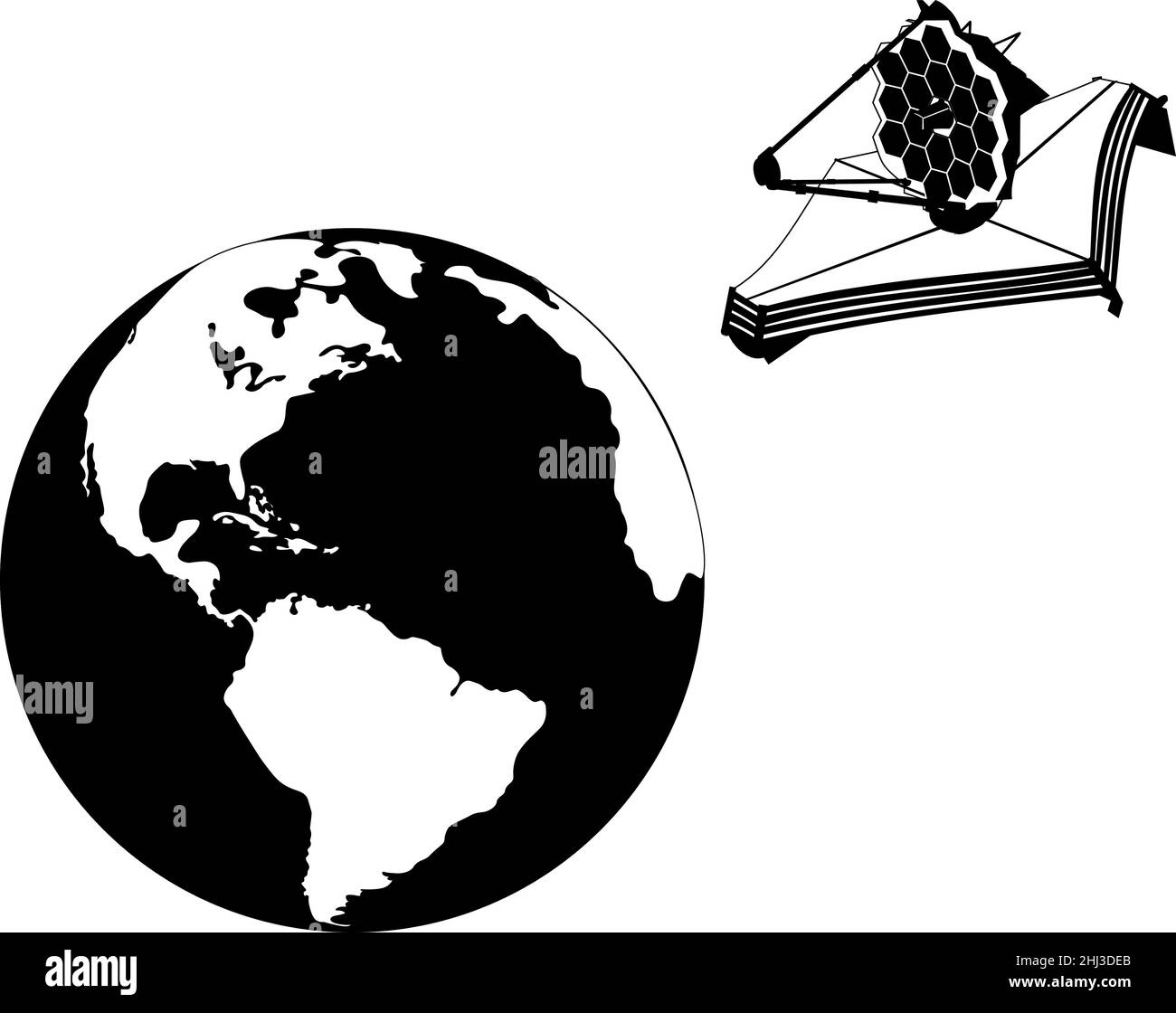 Télescope spatial James Webb près de la planète Terre en noir et blanc isolé sur blanc.Logo du télescope spatial Illustration de Vecteur