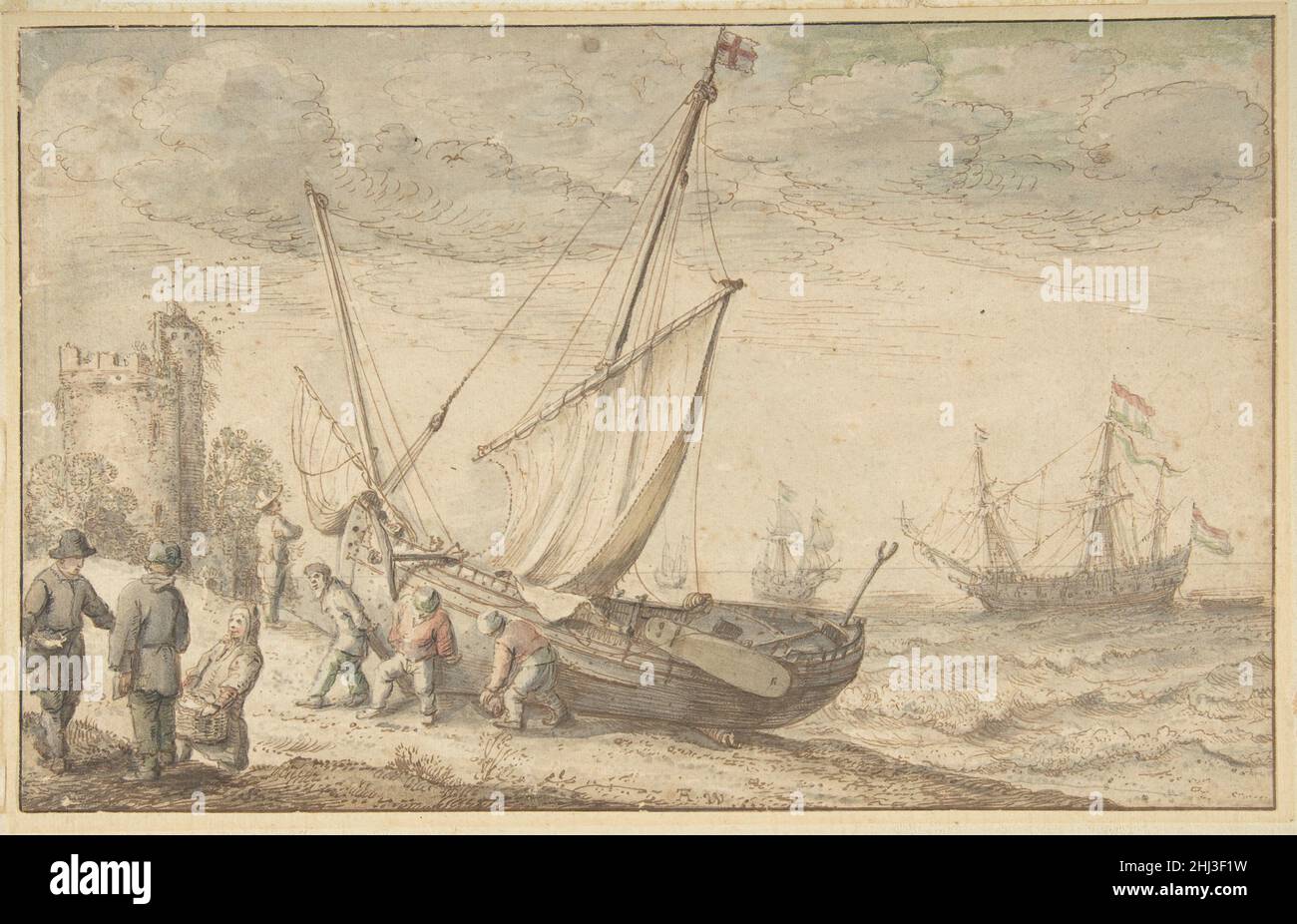 Les pêcheurs qui font le tour de leur bateau sur la rive s.d.Adam Willaerts Netherlandish.Pêcheurs qui font le transport de leur bateau sur la rive 364860 Banque D'Images