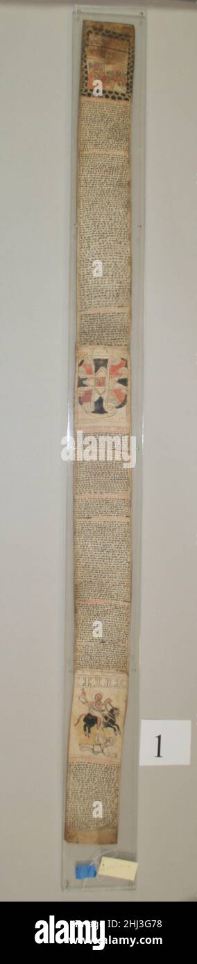 Curatif Scroll 19th siècle les peuples Amhara ou Tigrinya en Ethiopie des manuscrits protecteurs personnalisés qui entrelacent des images sacrées avec des prières textuelles ont été prescrits par les guérisseurs traditionnels depuis plus de deux mille ans.Ceux-ci ont été portés sur la personne de l'individu à qui ils ont été spécifiquement dédiés pour les protéger de préjudice.souvent le contenu personnalisé d'un défilement est astrologiquement déterminé.En Éthiopie comme dans la Grèce antique, chaque être humain a un signe de zodiaque correspondant associé à un destin particulier et à un caractère talismanique.L'iconographie des rouleaux ainsi alternent Banque D'Images