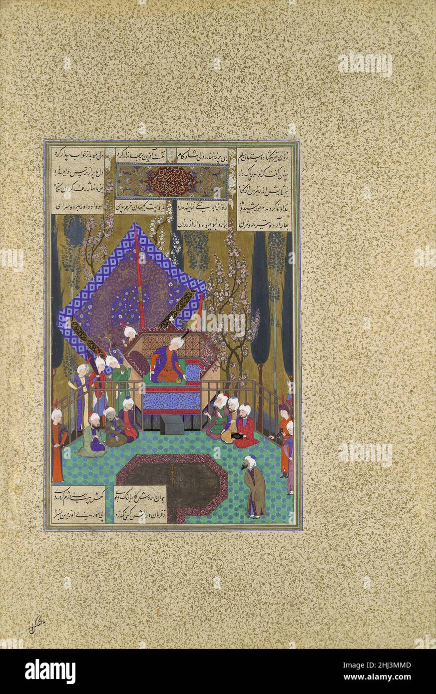 'ZAL consulte le Magi', Folio 73v du Shahnama (Livre des Rois) de Shah Tahmasp ca.1530–35 Abu'l Qasim Firdausi dans ce tableau, Zal est représenté enthroné comme il consulte son magi, ou sages zoroastriens, sur la façon de gagner l'approbation de son père pour épouser Rudaba, la petite-fille du roi maléfique Zahhak.L'oiseau de type phoenix sur la canopée peut se référer au simurgh, qui a sauvé et nourri le bébé Zal, dont les parents l'avaient rejeté pour être un albino.Les arbres à fleurs sinueuses apparaissent souvent dans la peinture turkmène de Tabriz.'ZAL consulte le Magi', Folio 73v du Shahnama (Livre de Ki Banque D'Images