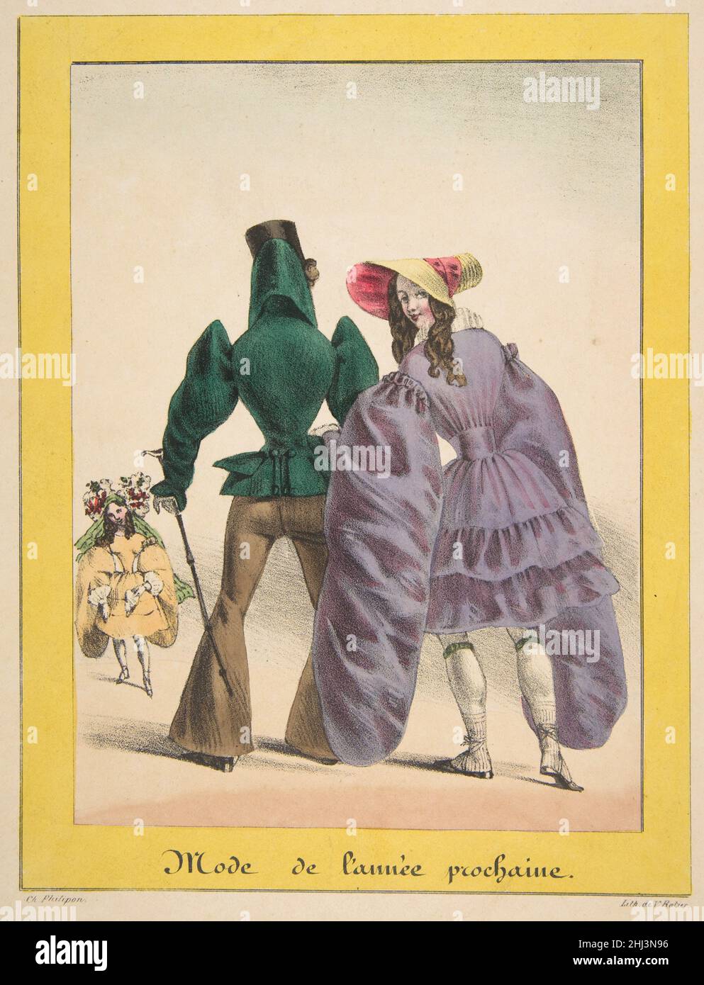 Mode de l'année prochaine ca.1830 après Charles Philipon Français Homme et femme vus de derrière portant des modes imaginés de demain, avec les tendances actuelles exagérées à une extrême ridicule (la jupe de la femme raccourcie au-dessus du knww, et ses manches traînant sur le sol).Mode de l'année 392116 Banque D'Images