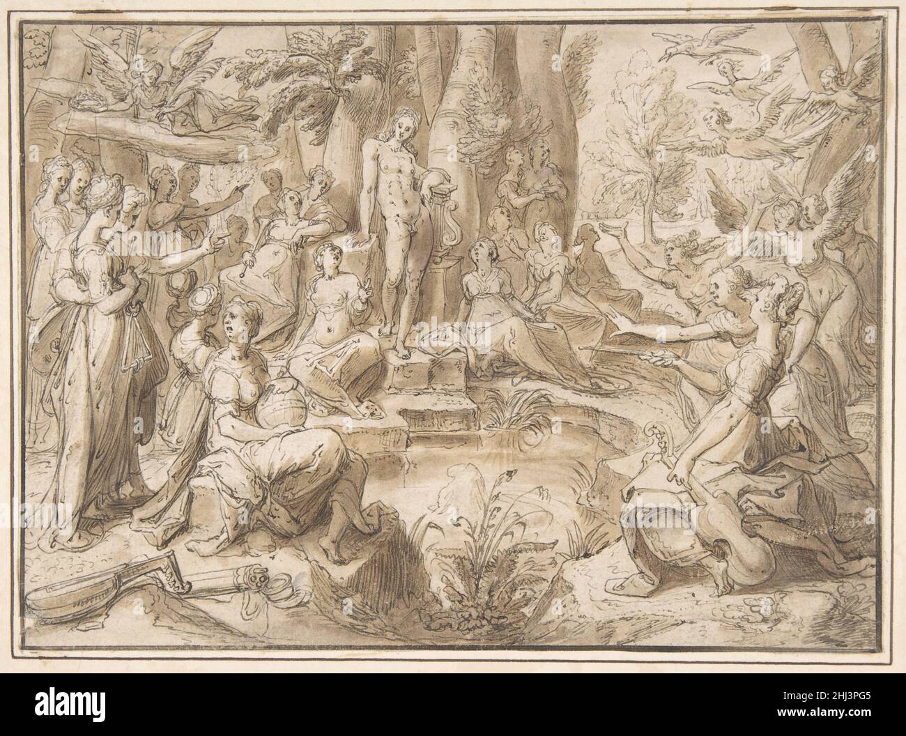 Le défi des Pierides, de la métamorphose d'Ovid (Livre V :294-678) 16th–17th Century Karel van Mander i Netherlandish comme son prédécesseur italien Giorgio Vasari, Karel van Mander I est plus connu comme auteur, dans son cas de la première collection de biographies d'artistes néerlandais, mais il était aussi un dessinateur très compétent et merveilleusement imaginatif.Ce dessin illustre une histoire racontée dans les métamorphies d'Ovid (5,294-678) dans laquelle les neuf Pierides, filles du roi Pierus d'Emathia, sont transformées en magpies après avoir perdu le concours de chant auquel ils ont défié les neuf Muses. Banque D'Images