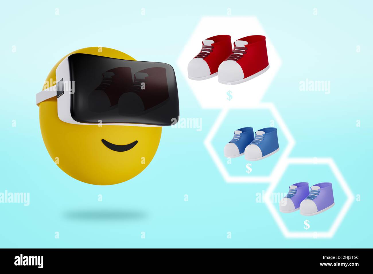 Emoji en réalité virtuelle casque d'achat pour chaussures commercial métaverse concept, 3D illustration Banque D'Images