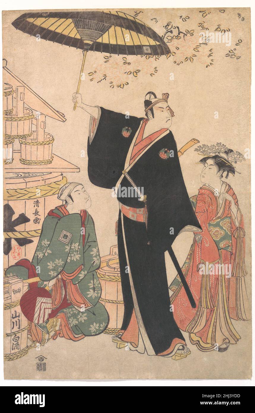 Ichikawa Yaozo III dans le rôle de Sukeroku de la pièce 'Yukari no Edo-sakura', également connu sous le nom de 'Sukeroku' 1784 Torii Kiyonaga Japanese cette impression présente Ichikawa Yaozo III dans le rôle populaire du jeune dandy Sukeroku.La crête familiale de Yaozo de trois carrés emboîtés (mimasu) remplis du caractère pour 'huit' (ya ou hachi) est sur le bord du parapluie.Le costume de Sukeroku, un kimono foncé qui révèle une doublure vive, des sabots en bois, un bandeau violet et un parapluie, est tassant et virix.La position de Yaozo est la posture presque emblématique associée au personnage Sukeroku.Sukeroku, l'un des plus Banque D'Images