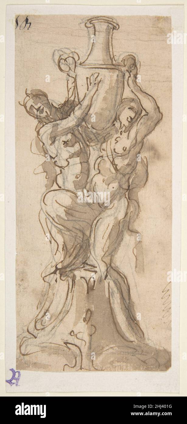 Dessin d'une statue composée d'un Satyr et d'une Satiress soulevant un vase 1652–1725 attribué à Giovanni Battista Foggini Italien.Conception d'une statue composée d'un Satyr et d'une Satiress soulevant un vase 346350 Banque D'Images