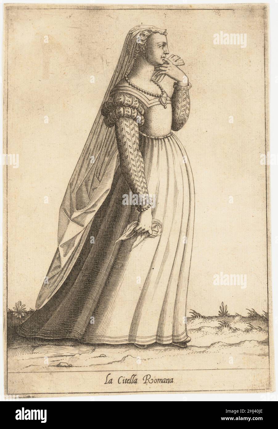 La Citella Romana (Maiden) ca.1580 attribué à Pietro Bertelli italien ces gravures illustrant les costumes des femmes romaines de différents postes de vie rappellent la série plus ambitieuse de Cesare Vecellio et Giacomo Franco consacrée aux coutumes et modes de tenue vénitiennes.De même que ces exemples, ces tirages ont probablement été créés comme des illustrations de livres, bien que l'entreprise Bertelli était connue pour réutiliser ses inventions dans un certain nombre de contextes et de formats différents.les courtesans étaient essentiellement des prostituées cultivées.La présence de l'un d'eux (planche 6) parmi les acteurs de autrement 'h. Banque D'Images