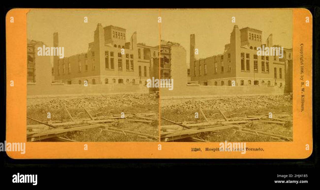 Stéréographe de la destruction de la tornade de Saint-Louis de 1896 de l'hôpital de ville. Banque D'Images