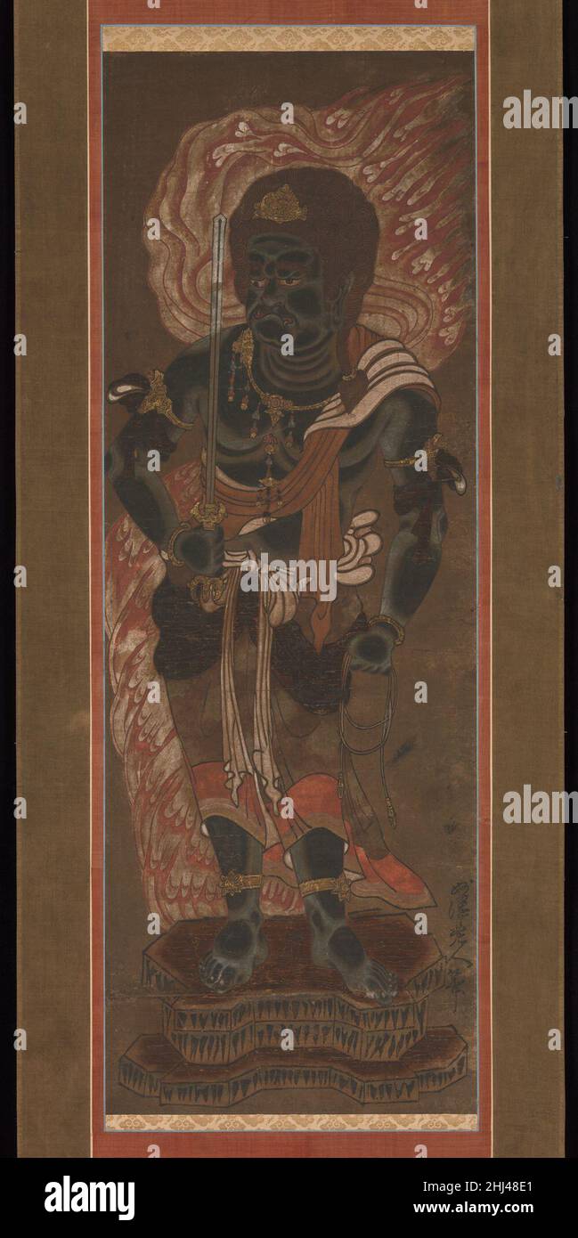 FUD ?Mon ??Et deux préposés après Ry?sh?SH?taku (My?taku) FuD japonais ?Mon ??—littéralement, « le roi de la sagesse immobile »—est un redoutable protecteur des enseignements bouddhistes.À l'origine une déité importante du bouddhisme ésotérique japonais (Mikky?), il a également été vénéré dans les temples Zen.Ce triptyque d'images (1975.268.26–.28), peint à la main mais avec des contours imprimés, a été créé comme l'un des projets de publication promus par les temples zen médiévaux pour diffuser les enseignements et l'iconographie bouddhistes.Ce triptyque imprimé semble avoir été basé sur une peinture de FUD?Et ses préposés exécutés par le Zen Banque D'Images