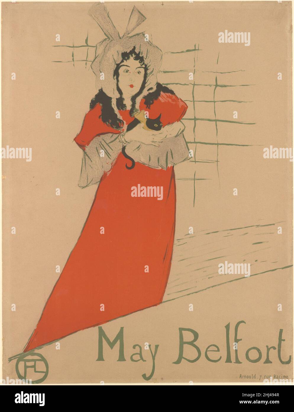 May Belfort 1895 Henri de Toulouse-Lautrec Français May Belfort (né May Egan) est une chanteuse irlandaise qui s'est fait un nom sur les scènes des boîtes de nuit parisiennes avec ses chansons insensés et son chat noir toujours présent, vu dans l'affiche promotionnelle de Lautrec.L'artiste a utilisé quatre pierres lithographiques séparées et des crachis, ou l'encre en lambeaux, pour réaliser la composition audacieuse et d'une simplicité décepative.Mai Belfort.Henri de Toulouse-Lautrec (français, Albi 1864–1901 Saint-André-du-Bois).1895. Lithographie imprimée en quatre couleurs Banque D'Images