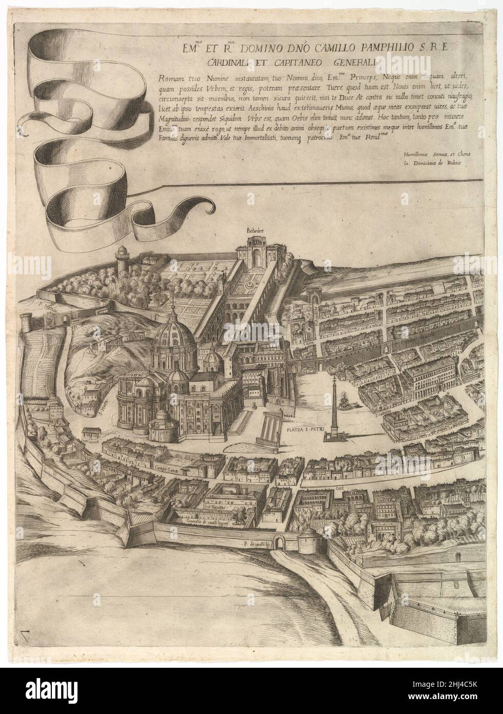 Plan de la ville de Rome.Partie 7 avec un dévouement à Camillo Pamphili, le Vatican et une partie du mur de ville 1645 Antonio Tempesta Italien partie de la partie inférieure de la carte.La feuille est caractérisée par une bannière avec un dévouement de Domenico Rossi à Camillo Pamphili.Il montre une partie de la rive gauche de la ville avec le Vatican et une partie du mur de la ville.Plan de la ville de Rome.Partie 7 avec un dévouement à Camillo Pamphili, le Vatican et une partie du mur de ville 414809 Banque D'Images