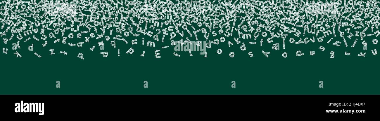 Chute de lettres de langue anglaise.Craie puérile mots volants de l'alphabet latin.Concept d'étude des langues étrangères.Bannière parfaite de retour à l'école sur fond de tableau noir. Illustration de Vecteur