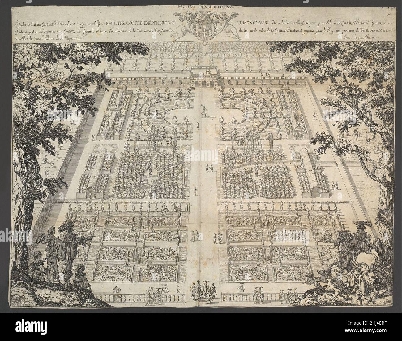 Wilton Garden ca.1640 Isaac de Caus British le jardin de Wilton House (Wiltshire), célèbre aujourd'hui pour son aménagement paysager du XVIIIe siècle contenant le premier pont palladien d'Angleterre, a été originalement aménagé à la mi-1630s par Isaac de Caus (actif 1623–55).Il a été commandé par Philip Herbert, quatrième comte de Pembroke, figure pivot des cercles intellectuels à la cour, à laquelle appartenait l'architecte Inigo Jones (1573-1652).Reconnu pour avoir apporté le style classique à l'Angleterre, Jones pourrait bien avoir été impliqué dans la campagne de construction de Wilton, compte tenu de son Italianate Banque D'Images