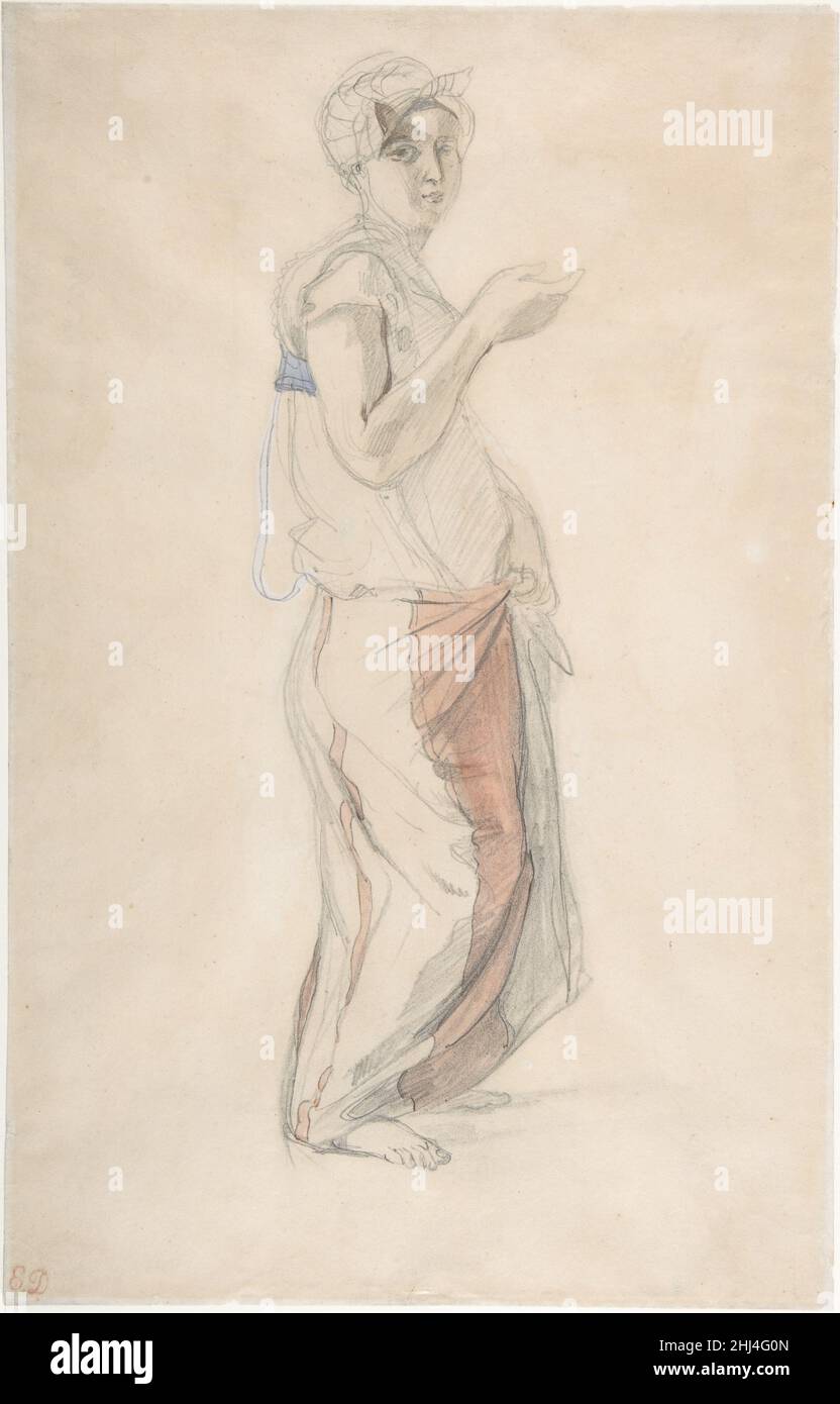 Femme debout en costume marocain ca.1834 Eugène Delacroix Français.Femme debout en costume marocain.Eugène Delacroix (français, Charenton-Saint-Maurice 1798–1863 Paris). Env.1834. Graphite et aquarelle sur papier vélin.Mises en plan Banque D'Images