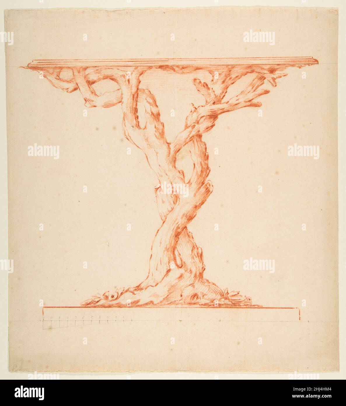 Design pour un (argent ?)Table de console ca.1760–70 Anonyme, Français, 18th siècle la nature française a toujours été une source importante d'inspiration pour la conception de motifs et de décorations.Dans certaines périodes et cultures, les motifs végétaux étaient maintenus près de leur forme naturelle lorsqu'ils étaient appliqués de cette manière, alors que dans d'autres ils étaient soumis à divers degrés d'abstraction.Pendant la période Rococo en particulier, la plus grande partie de l'ornement et de la décoration intérieure a été inspirée par des formes organiques et végétales.De nombreux types d'objets, tels que des supports, des lustres et des moulures décoratives, ont été façonnés Banque D'Images