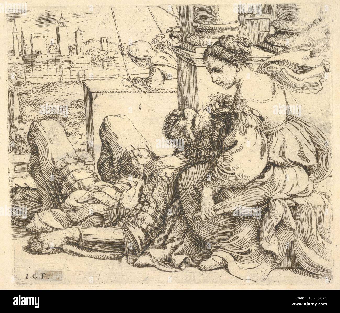 Delilah tenant les cheveux de Samson et une paire de ciseaux 1620–30 Giuseppe Caletti, appelé Crémonese italien.Delilah tenant les cheveux de Samson et une paire de ciseaux 397517 Banque D'Images