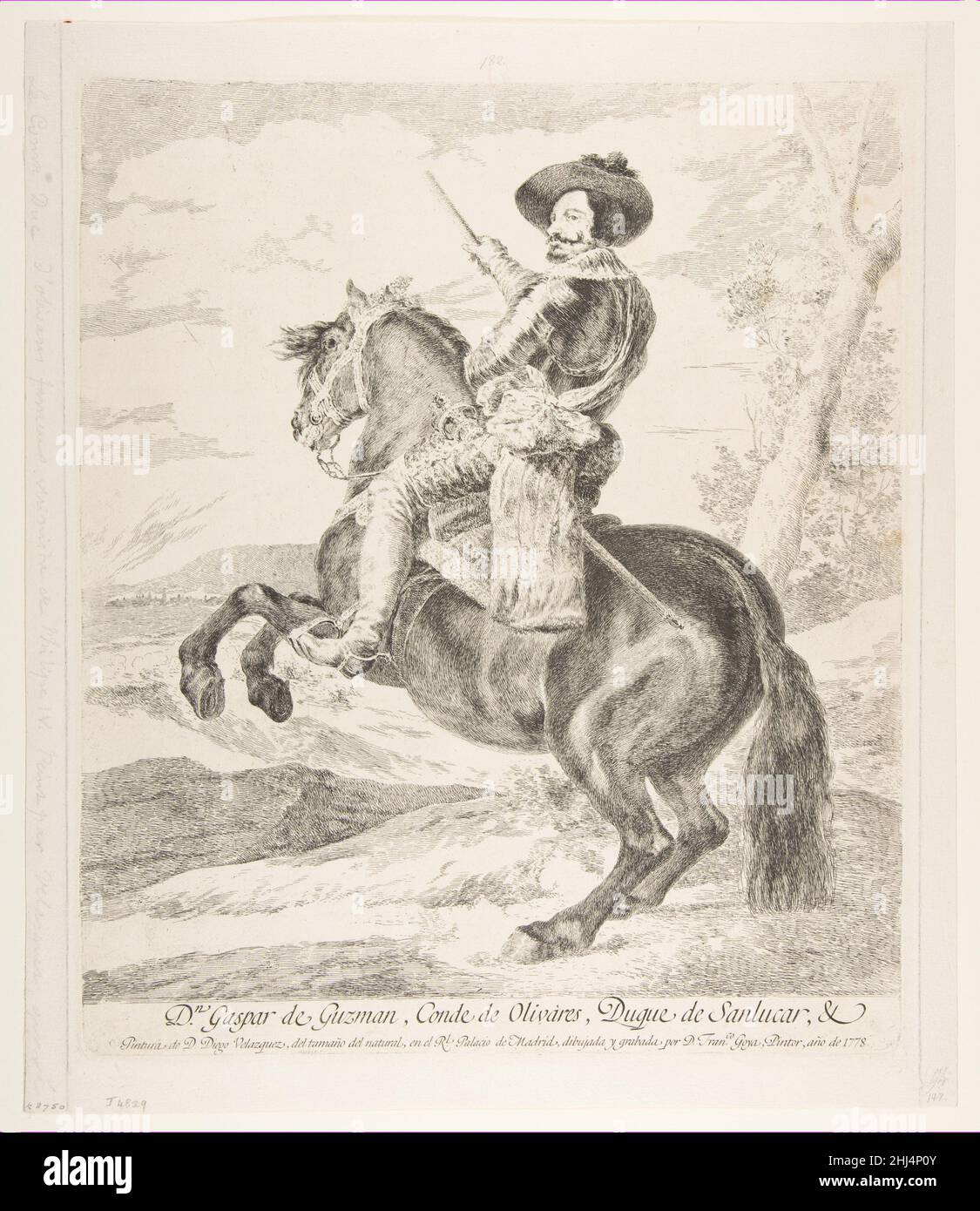 Gaspar de Guzmán, comte duc d'Olivares à cheval, après Velázquez 1778 Goya (Francisco de Goya y Lucientes) Espagnol c'est l'un des nombreux gravures Goya faites d'après des peintures de l'éminent artiste espagnol Diego Velázquez qui étaient dans la collection royale de Madrid.La peinture de Velázquez du Comte-Duc d’Olivares, Premier ministre du roi Philippe IV, date d’environ 1636.Il montre le comte à cheval sur un étalon d'élevage, levant un bâton et regardant directement le spectateur avant de commander une bataille.Dans sa gravure, Goya a diminué la bataille; les chevaux et les soldats sont de moins en moins difficiles à faire ou Banque D'Images