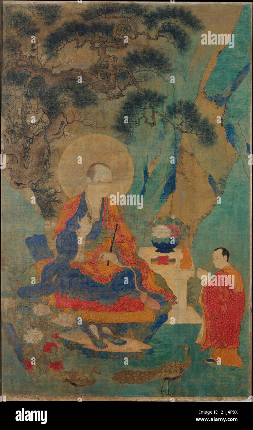 L'Arhat Vajraputra 15th siècle artiste non identifié Bouddhisme tibétain, importé en Chine par des dirigeants mongol au XIIIe siècle, jouissait d'un plus grand patronage des empereurs du XVe siècle de la période du début du Ming.Cette œuvre illustre de manière éclatante comment l'imagerie tibétaine hieratique a été transformée sous l'influence chinoise en un style plus naturaliste, dont le traitement sinicifié des paysages a été le plus marqué.Cette peinture, qui faisait partie à l'origine d'un ensemble représentant les seize arhats (saints bouddhistes), dépeint Vajraputra, sa main élevée dans le geste d'enseignement (vitarkamudra), exclatant dharma t Banque D'Images