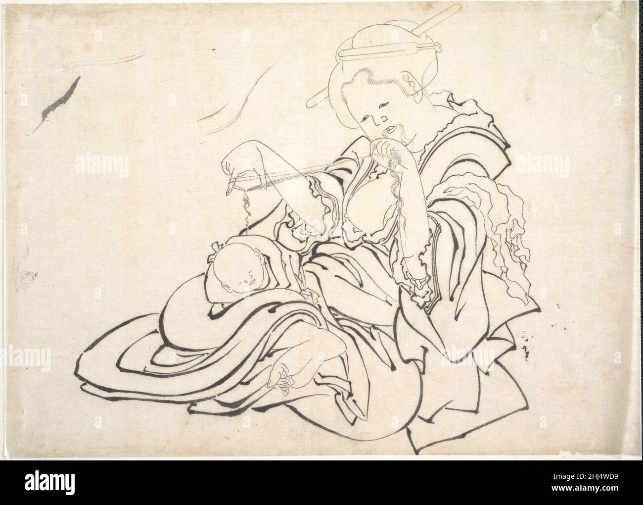 Une femme et un bébé 1830s Katsushika Hokusai japonais Hokusai, un artiste principalement connu pour ses paysages, dans ce dessin joliment représenté une mère et un enfant jouant le berceau du chat.Les deux figures, absolument seules, se concentrent uniquement l'une sur l'autre; la relation émotionnelle intime entre elles est tendinement réalisé.les proportions corporelles de cette femme ne correspondent pas à ceux à la mode à l'époque et bien représentés par les dames délicates et raffinées de Harunobu ou les femmes allongées et minces d'Utamaro.Une femme et un bébé.Katsushika Hokusai (japonais, Tokyo (Edo) 1760–1849 Tokyo (Edo)).Japon.1830s.Mono Banque D'Images