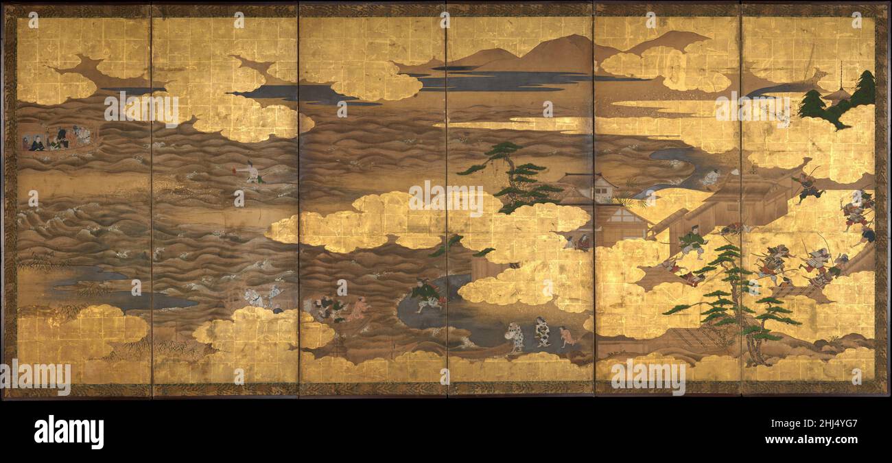 « Takebun », du drame musical « The New Piece » (« Shinkyoku ») début du 17th siècle Japon ces écrans décrivent l'épisode « Takebun » de « The New Piece » (« Shinkyoku »), un exemple du type de drame musical k?wakamai populaire au XVIe siècle.Dérivé à l'origine d'un épisode tragique de l'épopée historique Taiheiki du XIVe siècle et plus tard adapté à une pièce de Noh, « Takebun » se concentre sur le héros éponyme, le bravent et la retenue la plus loyale d'un prince impérial.Sur l'écran de droite, Takebun, la figure répétée portant une robe verte, tente de sauver la femme du prince, qui a l'abeille Banque D'Images