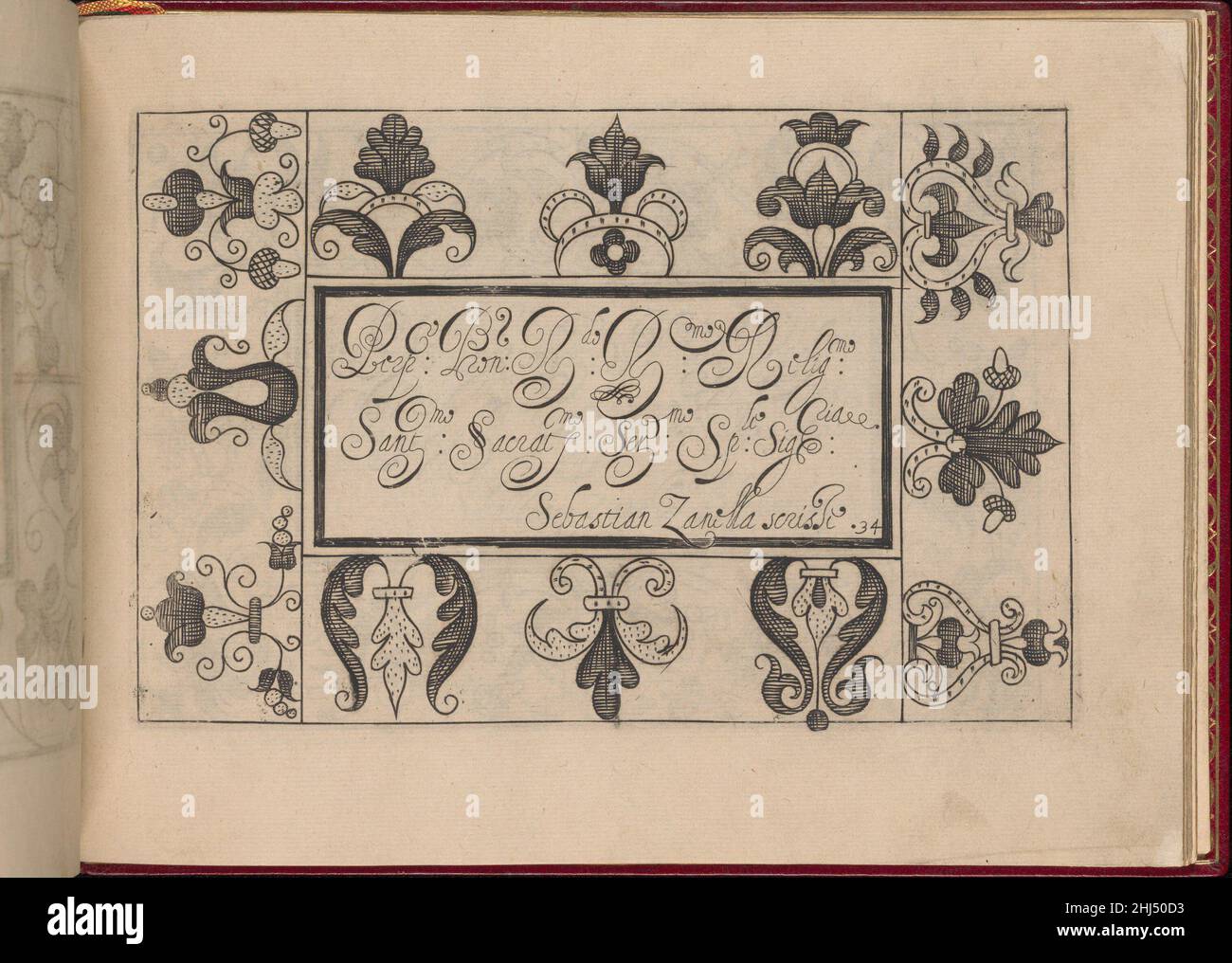 Ghirlanda: Di sei vaghi fiori scielti da piu famosi Giardini d'Italia, page 42 (recto) 1 octobre 1604 Pietro Paulo Tozzi Italien conçu par Pietro Paulo Tozzi, publié par Libraria del Giesu, Padoue.Calligraphie par Antonello Bertozzi et Sebastian Zanella, scribes de Padoue.Design est composé d'un rectangle central sur lequel le texte calligraphique est imprimé en noir.Entourant tous les côtés de la section centrale sont des bordures qui sont décorées avec un motif différent de fleurs.Ghirlanda: Di sei vaghi fiori scielti da piu famosi Giardini d'Italia, page 42 (recto) 358089 Banque D'Images