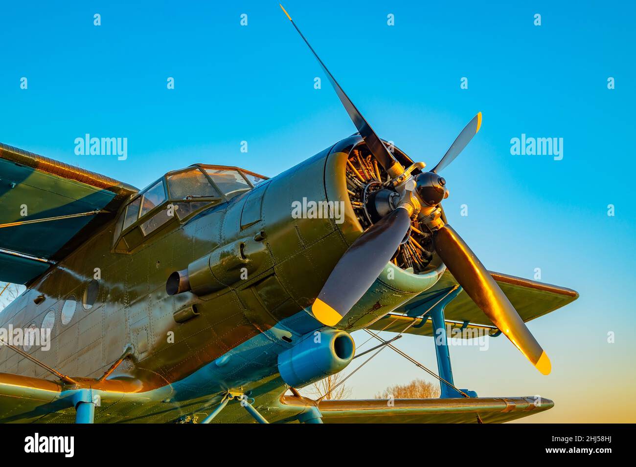 pales d'hélice du moteur d'un ancien avion avec une partie du fuselage, de la cabine et des ailes dans les couleurs vert kaki Banque D'Images