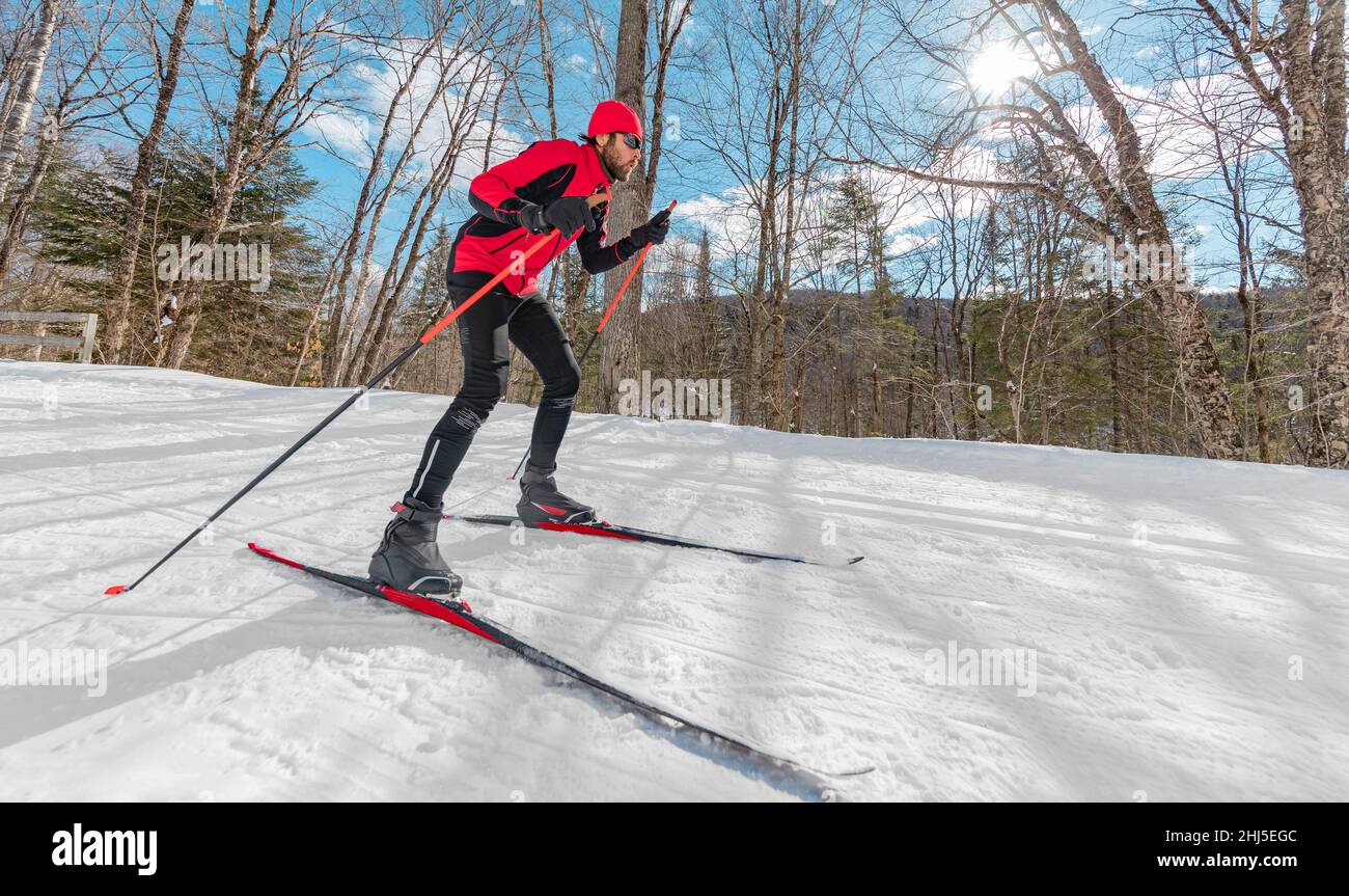 Ski de fond style ski de fond - Homme sur le ski nordique dans la forêt en hiver faire l'amusement endurance sport d'hiver activité dans la neige sur le ski de fond dans Banque D'Images