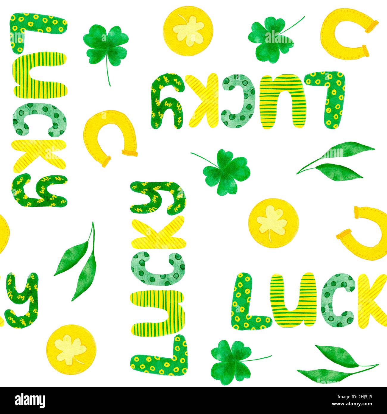 Aquarelle dessin à la main sans couture fond de St Patrick's Day, vert irish shamrock, émeraude irlandaises coeurs, jaune art. Luck Lucky lettering design pour la décoration de fête textile, imprimé arc-en-ciel Banque D'Images