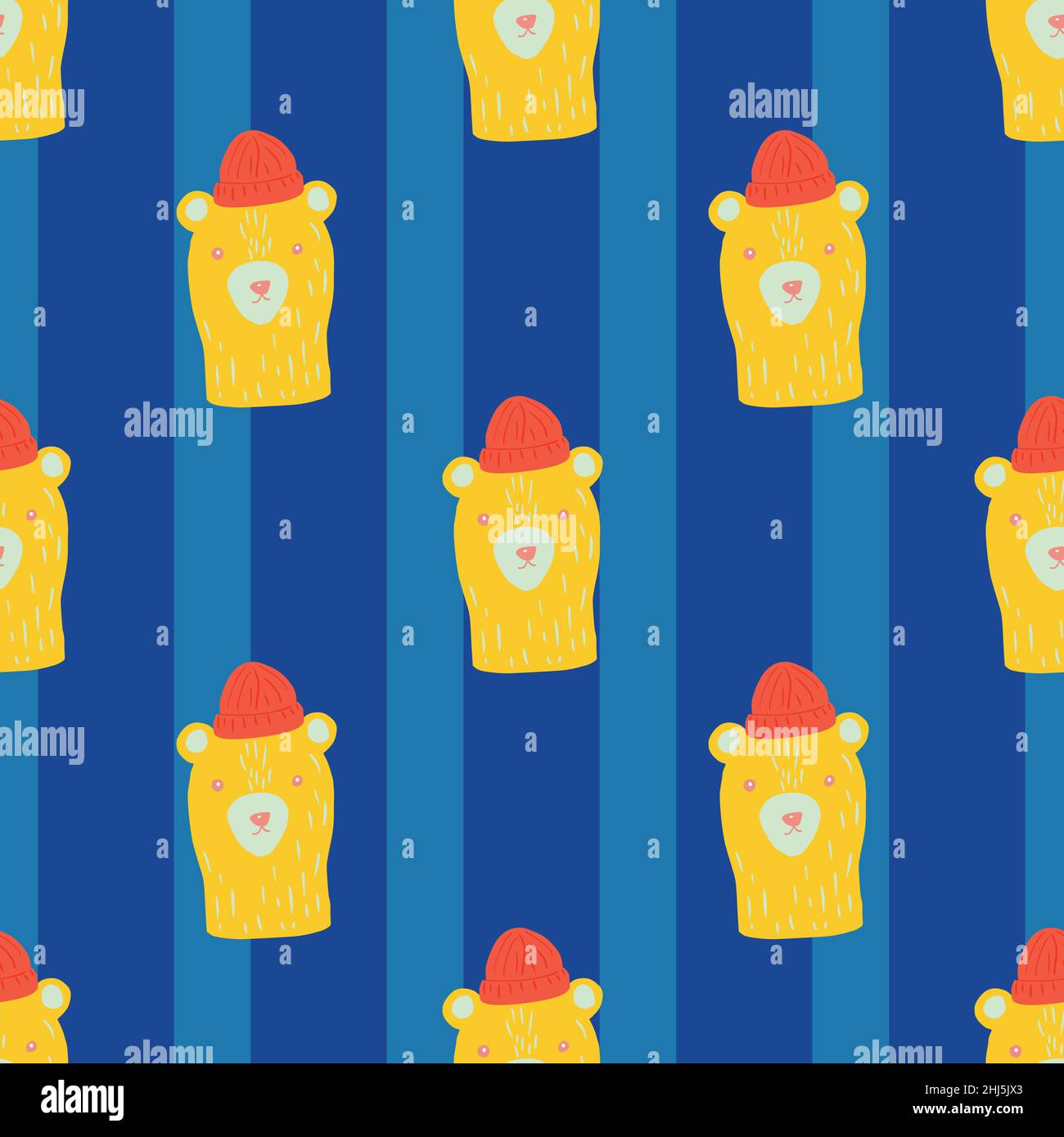 Motif coloré et amusant sans couture avec éléments de têtes d'ours jaunes.Arrière-plan rayé bleu marine.Éléments de chapeaux rouges.Illustration vectorielle pour texte saisonnier Illustration de Vecteur