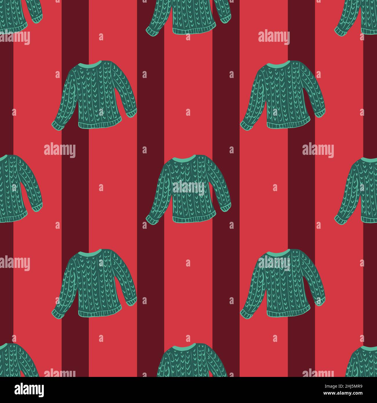 Pull vert confortable à dessin à la main et motif de caniche sans couture.Arrière-plan rayé rouge.Illustration vectorielle pour les imprimés textiles de saison, le tissu, les bannières et le verso Illustration de Vecteur