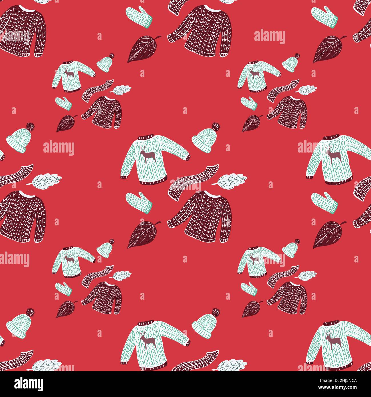 Motif tendance sans couture avec chandails bleus dessinés à la main, chapeaux, ornements de foulards.Fond rose.Illustration du stock.Conception vectorielle pour le textile, Illustration de Vecteur