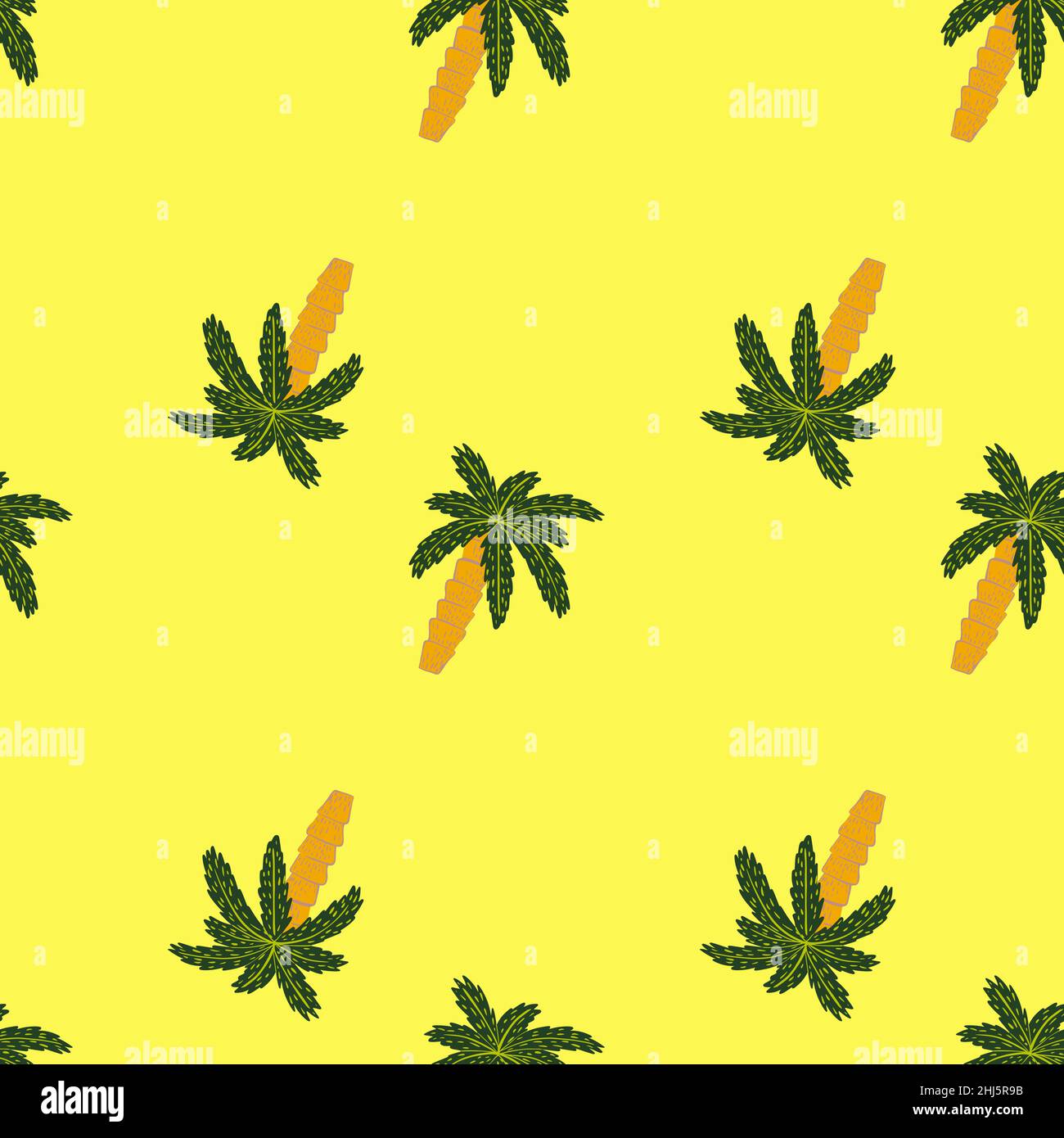 Style minimaliste été hawaï motif sans couture avec formes vertes de palmier.Fond jaune ensoleillé.Imprimé vectoriel plat pour textile, tissu, giftwra Illustration de Vecteur