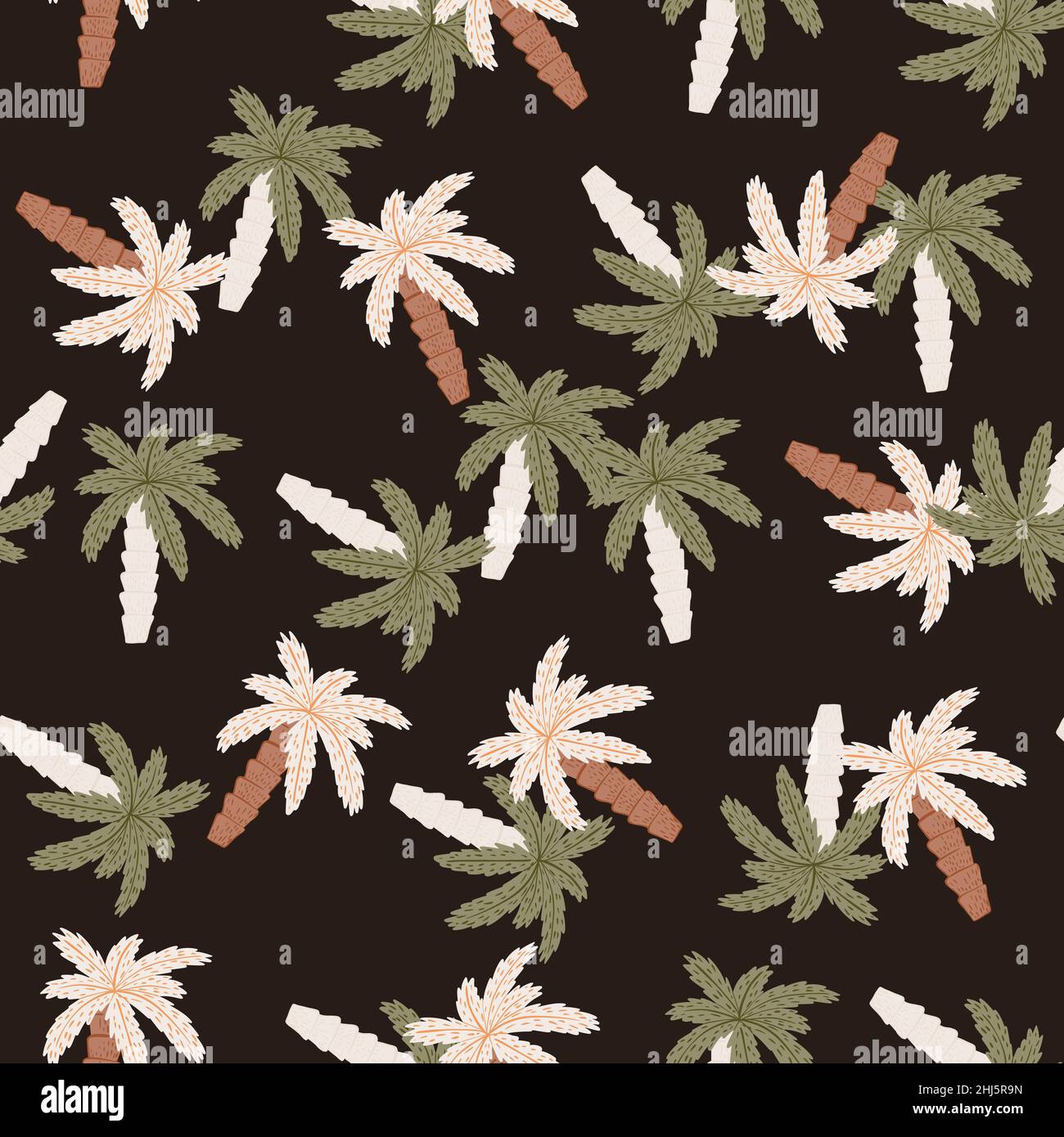 Motif de dessin animé sans couture avec imprimé palmiers vert et blanc.Arrière-plan marron foncé.Imprimé vectoriel plat pour le textile, le tissu, le papier cadeau et le papier peint Illustration de Vecteur