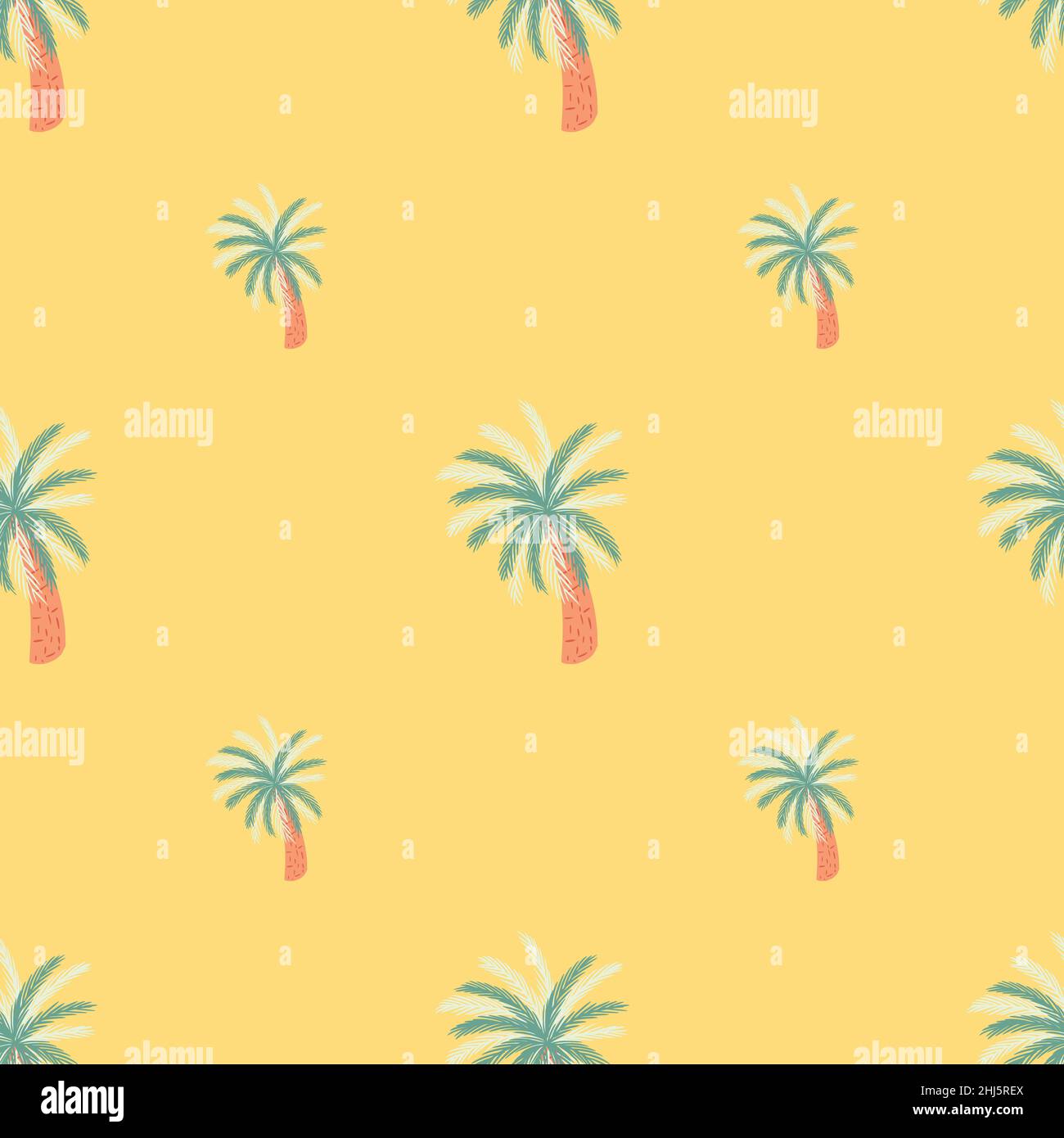 Motif minimaliste sans couture en été avec imprimé palmiers de couleur bleue.Arrière-plan jaune.Style Doodle.Motif graphique pour le papier d'emballage et le tissu Illustration de Vecteur