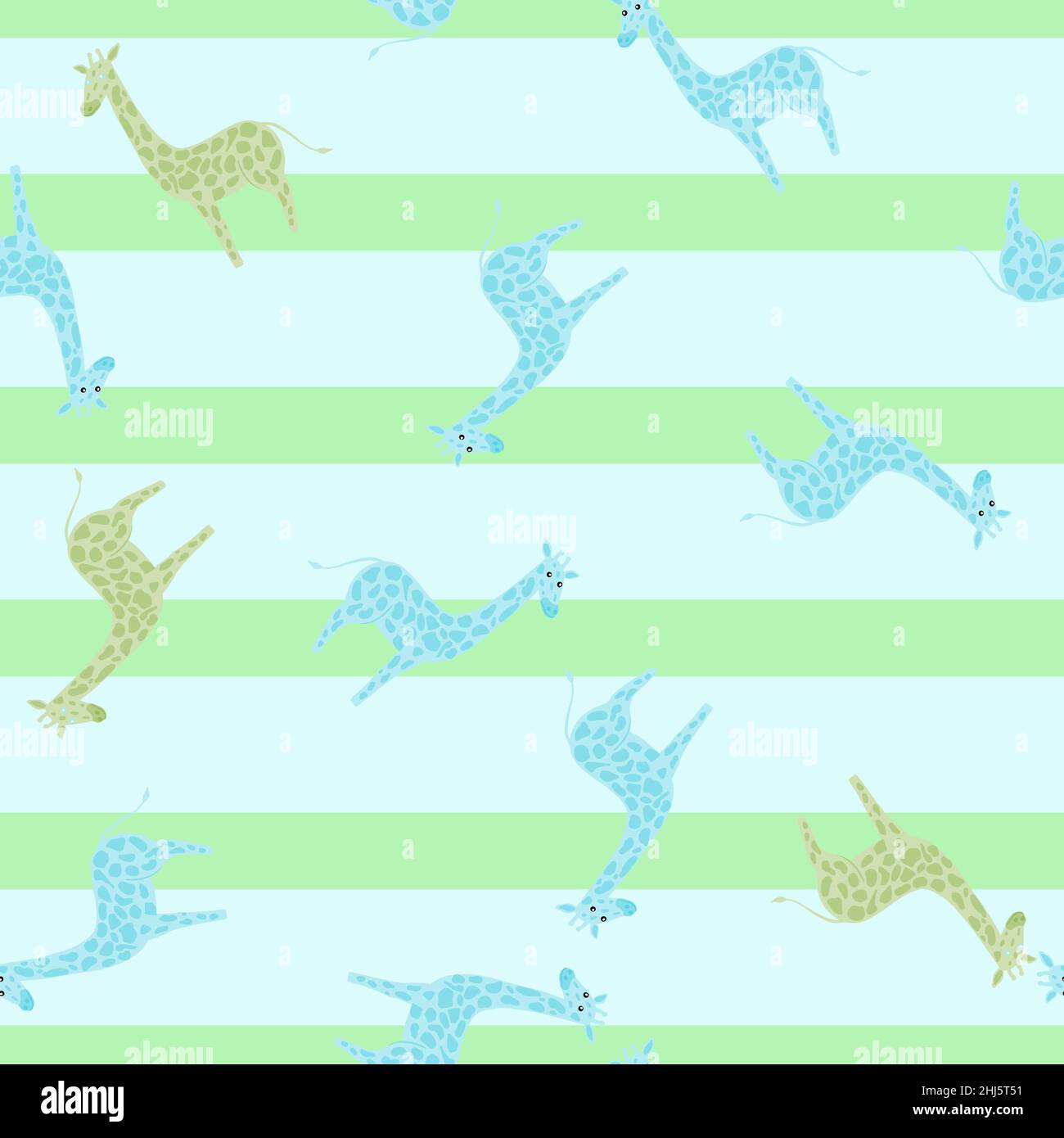 Motif enfant aléatoire sans couture avec imprimé girafes formes simples.Arrière-plan vert à rayures claires.Illustration vectorielle pour tirages textiles de saison, fa Illustration de Vecteur