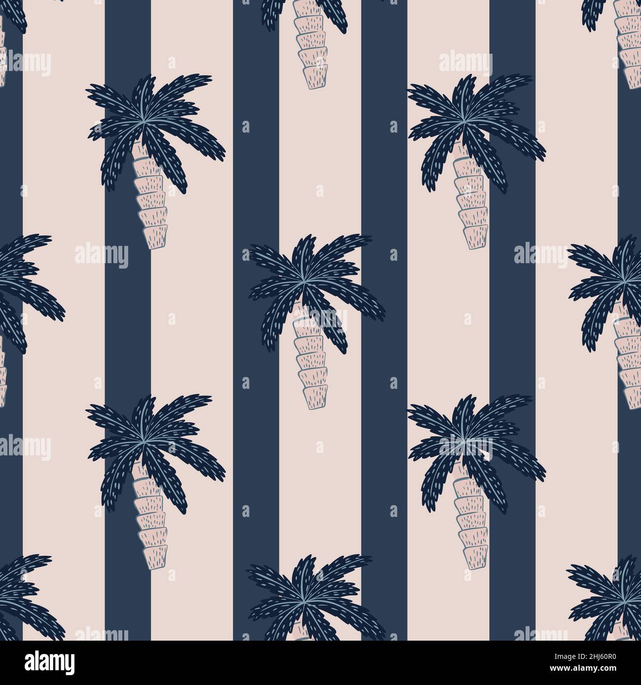 Motif naturel abstrait sans couture avec ornement bleu marine de palmier de plage.Arrière-plan rayé rose et bleu.Imprimé vectoriel plat pour textile, tissu, gif Illustration de Vecteur