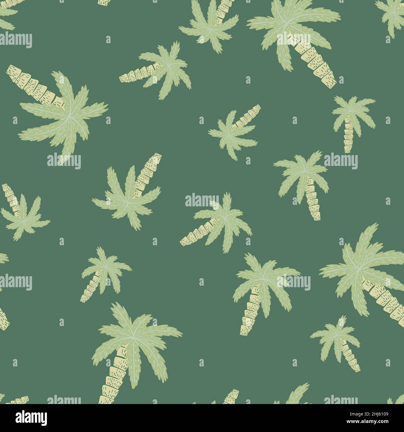 Motif aléatoire sans couture en forme de doodle avec des formes de palmiers tropicaux dessinées à la main.Palette verte pâle.Imprimé vectoriel plat pour le textile, le tissu et le papier cadeau Illustration de Vecteur