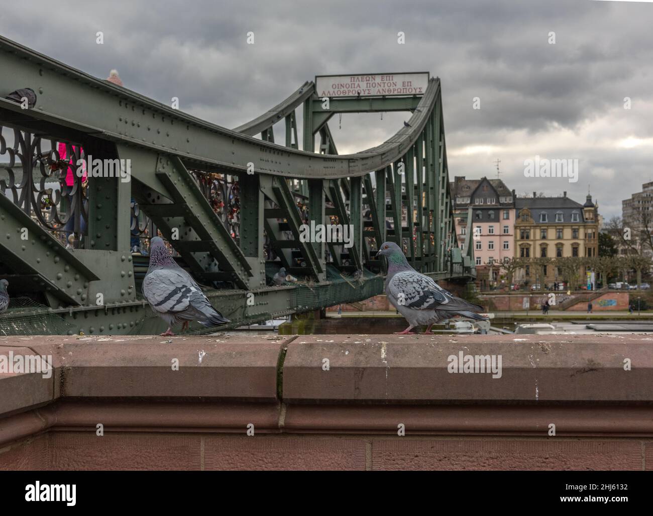 deux pigeons sur la passerelle en fer, francfort, allemagne Banque D'Images deux pigeons sur la passerelle en fer, francfort, allemagne Banque D'Images