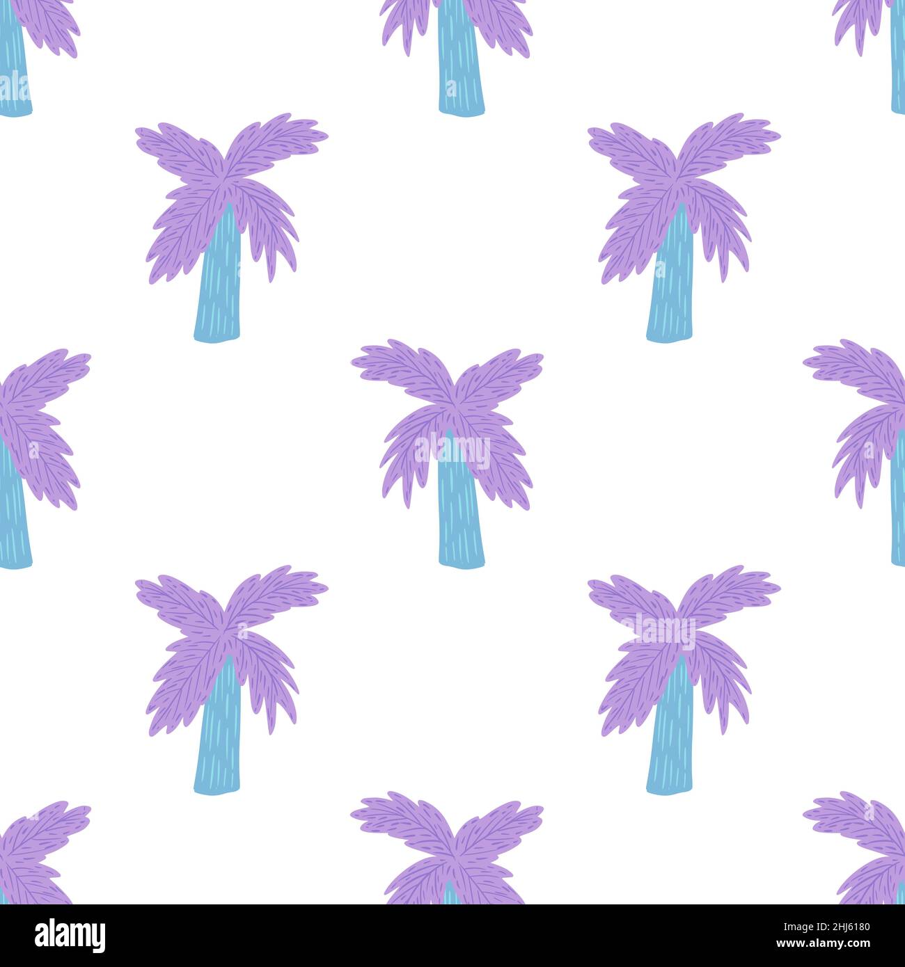 Motif de dessin animé brillant isolé sans couture avec silhouettes de palmier violets simples.Arrière-plan blanc.Motif graphique pour l'emballage du papier et du texte en tissu Illustration de Vecteur