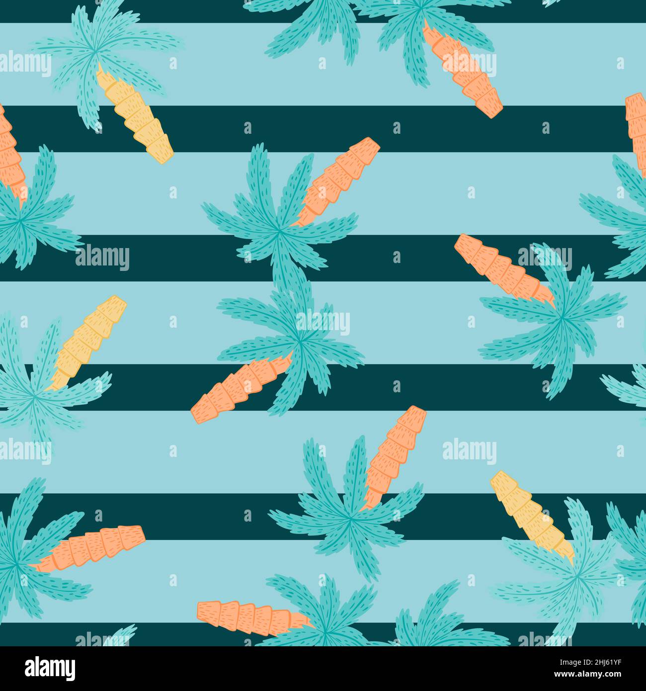 Motif de style hawaïen d'été sans couture décoratif avec imprimé palmier coloré au hasard.Arrière-plan rayé bleu.Imprimé vectoriel plat pour le textile, le tissu et le papier cadeau Illustration de Vecteur