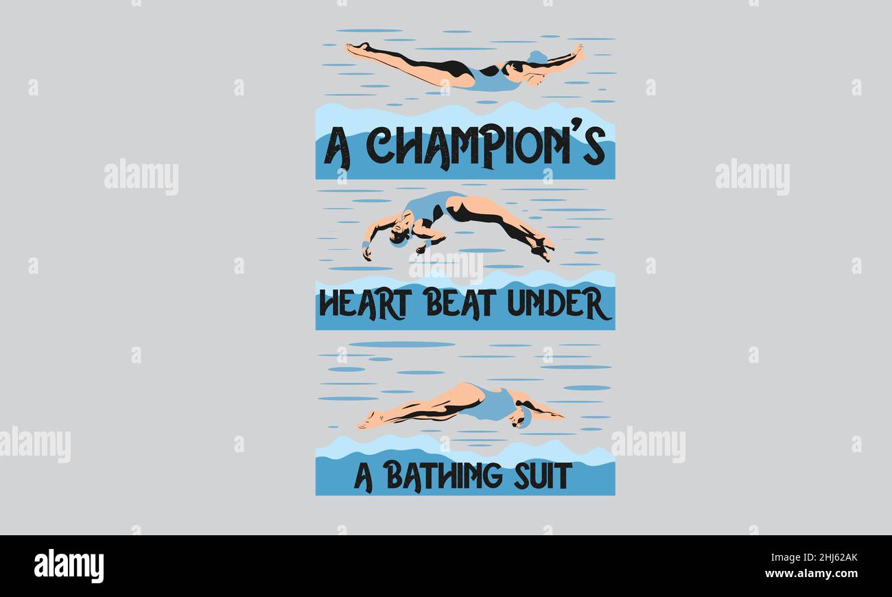 le cœur d'un champion bat sous un maillot de bain nageur natation t-shirt foncé monogramme texte modèle vectoriel Illustration de Vecteur