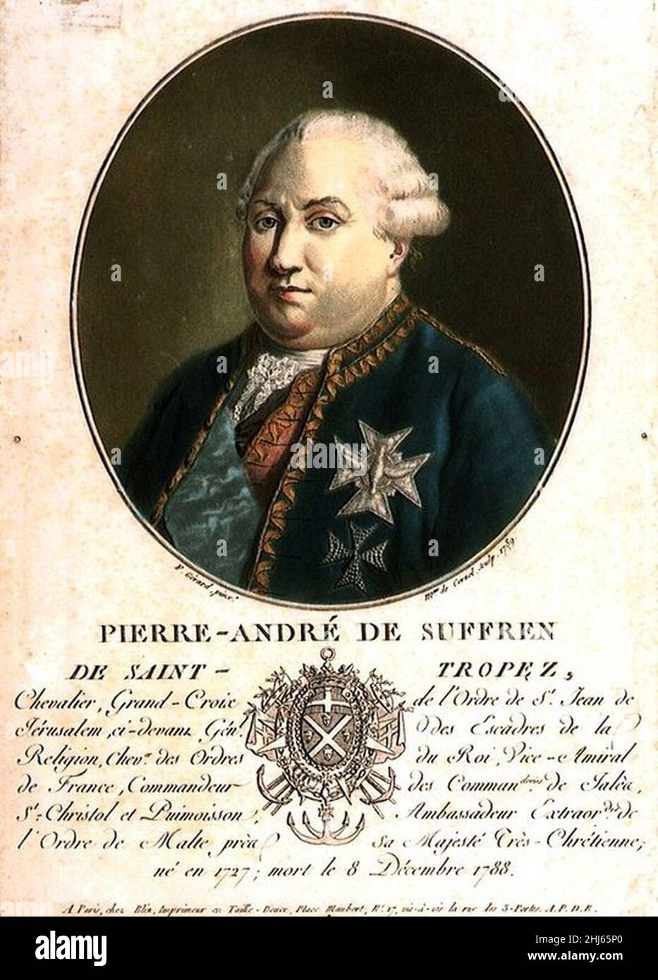 Suffren Pierre André gravure couleur de 1789. Banque D'Images