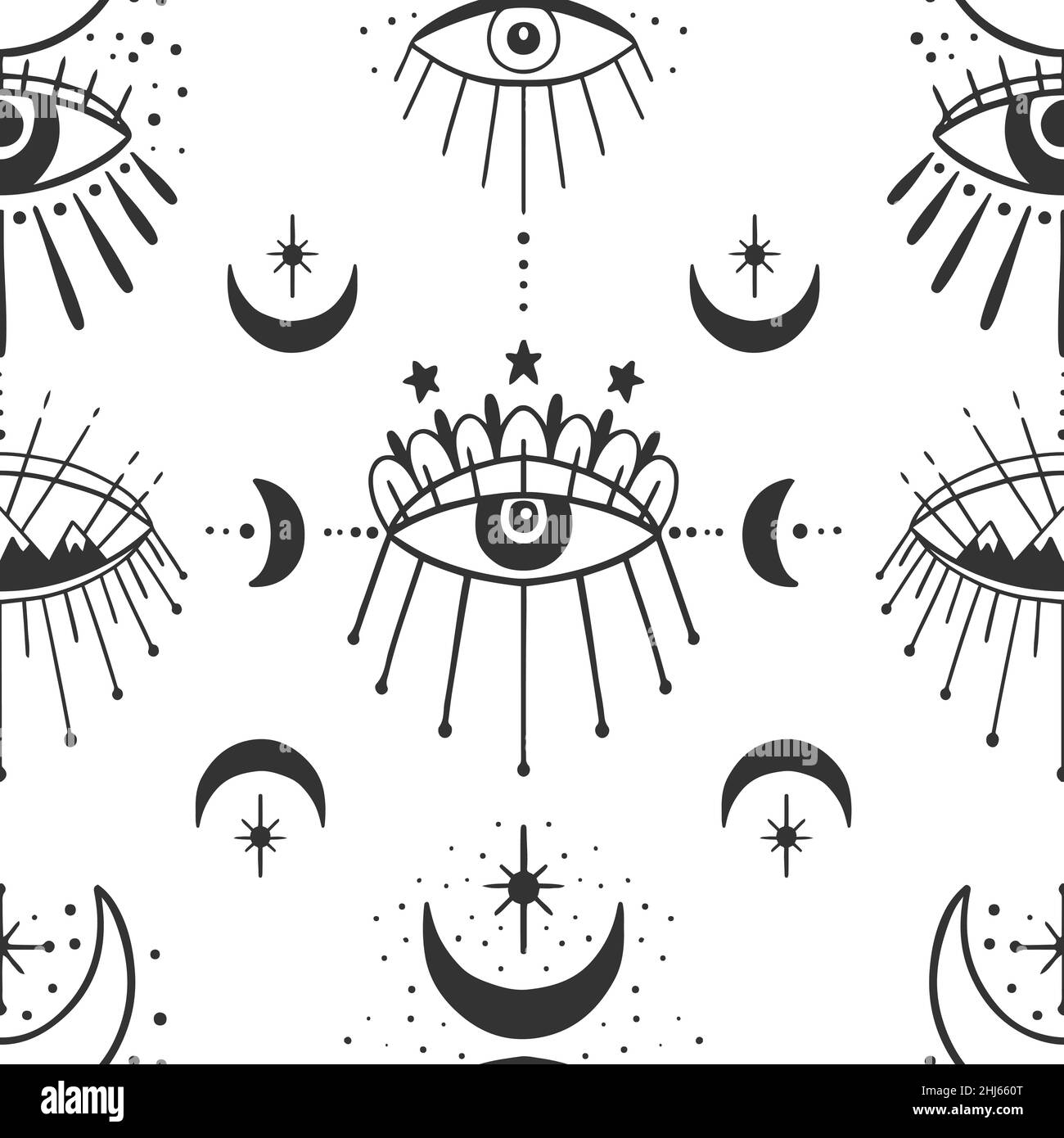 Mystic modèle sans couture hamsa et symbole de l'œil mal.magie ésotérique amulette occulte.Abstract style dessiné à la main. Illustration de Vecteur
