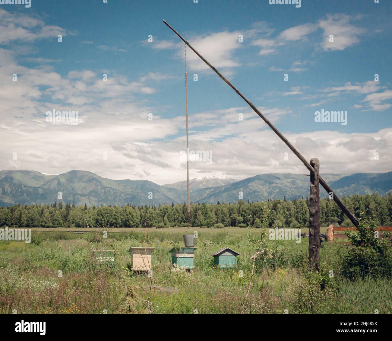 Le paysage avec l'ombre et les ruches sur le fond de montagne coloré Banque D'Images