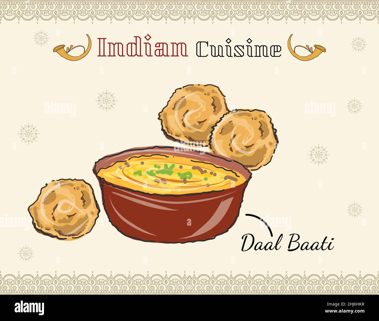 Cuisine traditionnelle du Rajasthani, daal bati servi avec oignons et daal bati churma Illustration de Vecteur